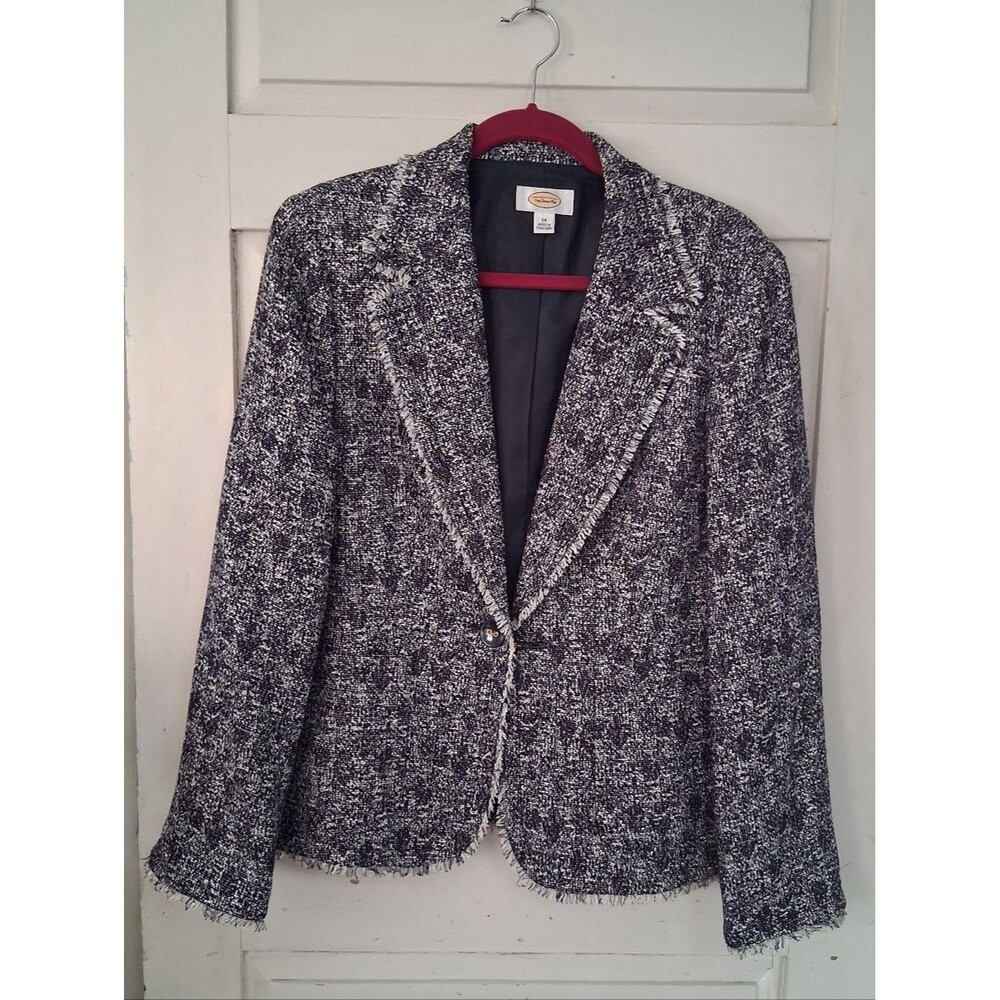 Talbots Navy & White Woven Tweed Fringe Blazer with Single Button Size 14, Lined